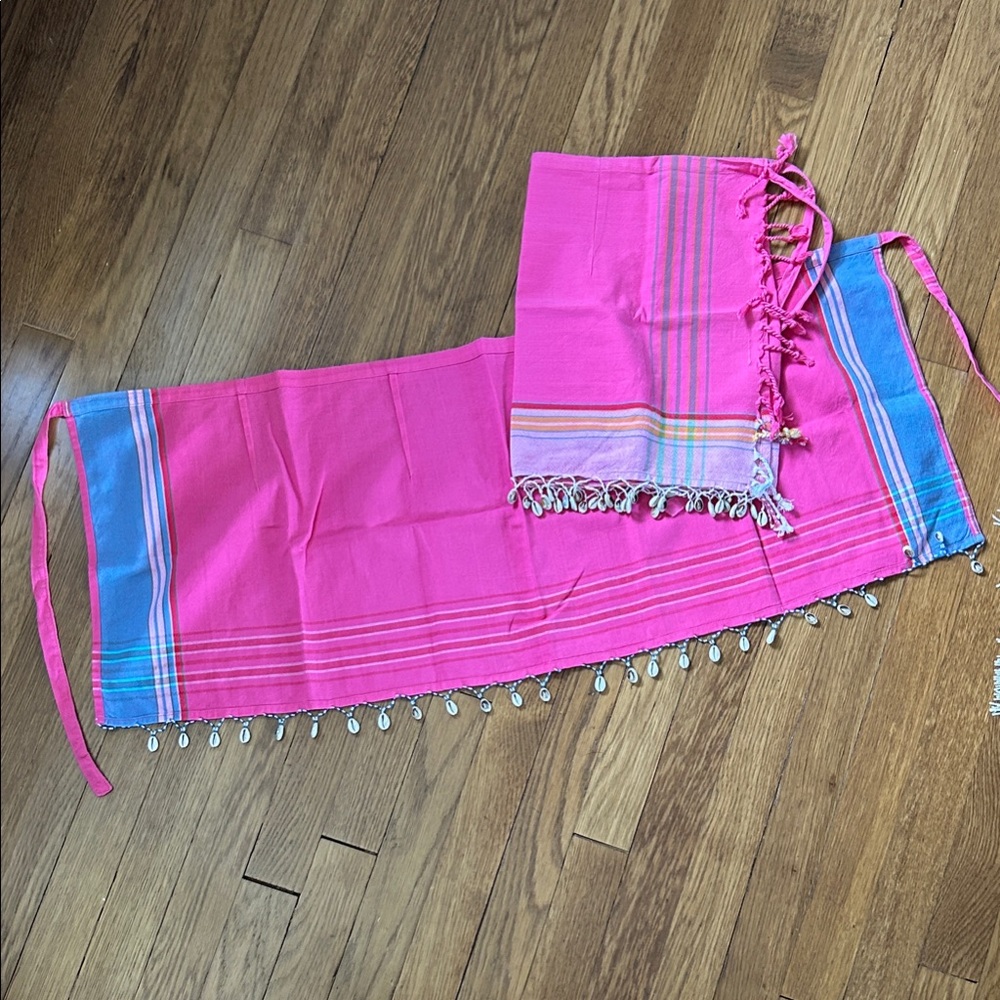 Set of 2 Girl’s Pink Beach Wrap Sarongs with Blue Trim
